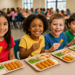 Kids eating fish sticks