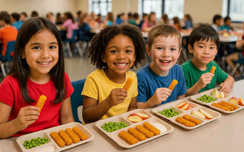 Kids eating fish sticks