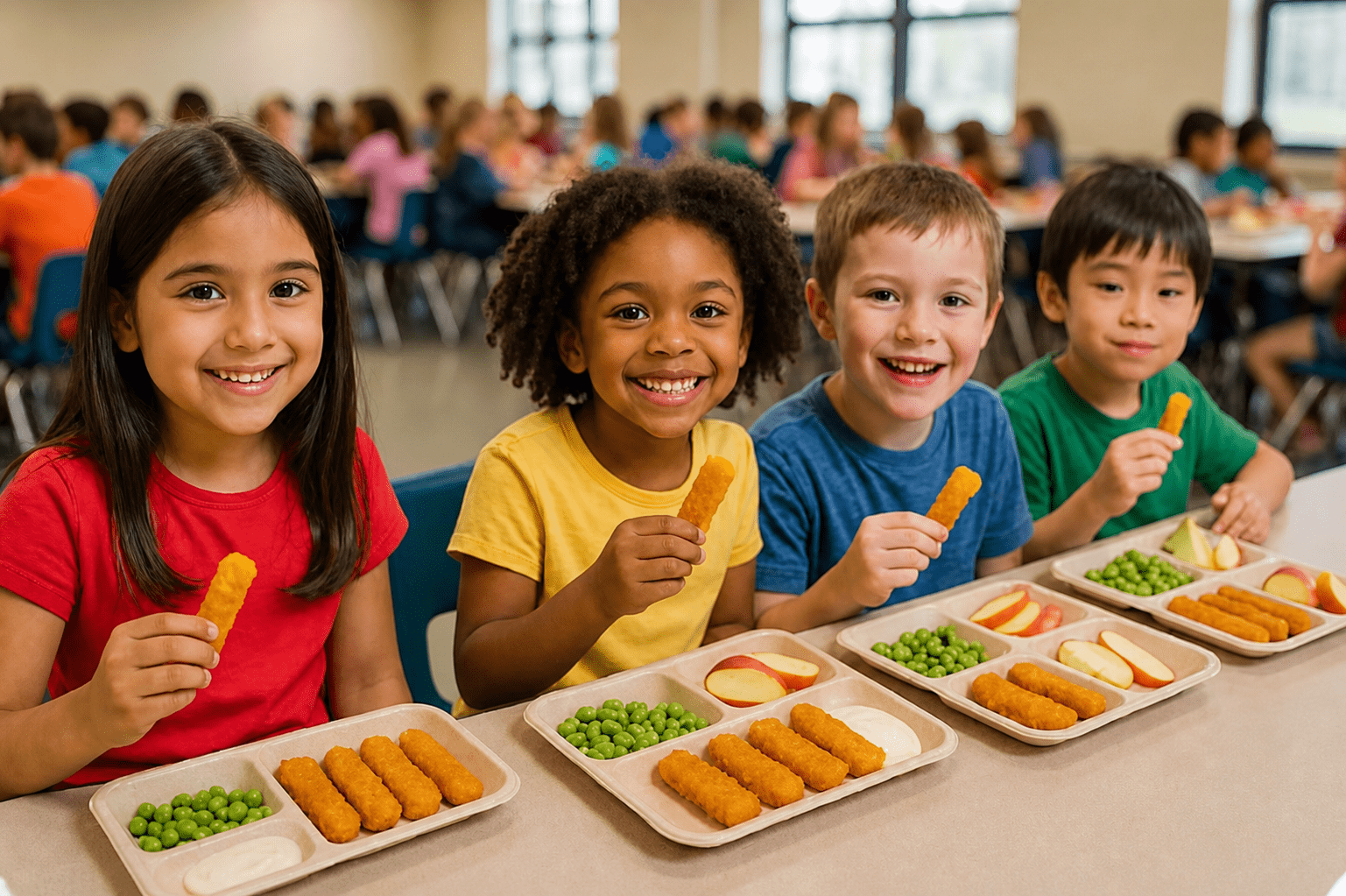 Kids eating fish sticks